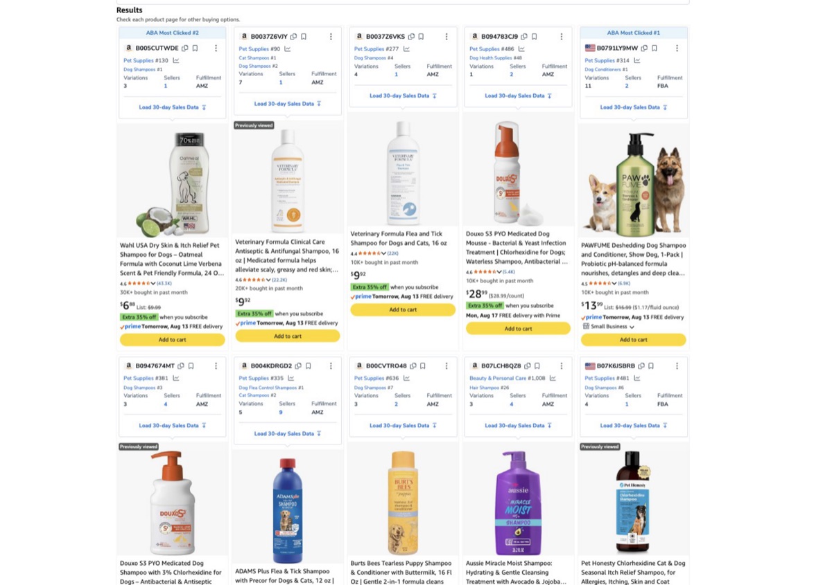 아마존 'dog shampoo' 실제 검색 결과 화면, $10 미만 그룹 1과 $20 이상 그룹 2 제품이 같은 페이지에 함께 노출됨